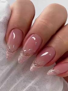 24pcs/set Medium fake nails for women girls almond nail art tips nude red french style golden strips press on false nail art