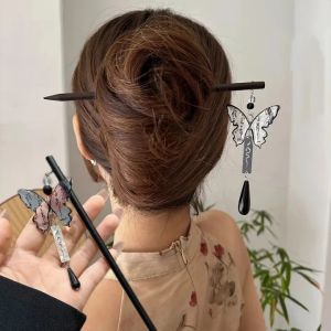Chinese Style Retro Hair Stick with Calligraphy Butterfly Tassel Women Elegant Light Luxury Wooden Exquisite Advanced Sense Hairpin