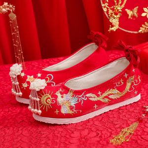 Red Hanfu Shoes for Women with Tassel And Embroidery Inner Heightening Wedding Shoes Traditional Chinese Style New Bride Shoes
