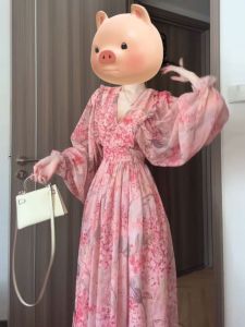 French Unique Beautiful Lantern Sleeve Waist Cinched Floral Dress Beach Vacation Style Long Skirt Summer Season Polyester Fiber