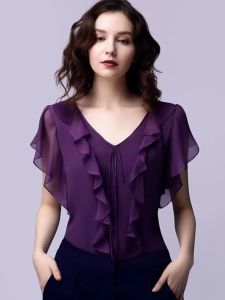 French Style Splice Red Design Sensation round Neck Hollow out Shirt Summer New Style High Fashion Feeling Elegant Top for Women