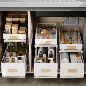 Kitchen Sink Pull out Rack Cabinet Interior Basket No Drilling Sliding Seasoning Bowl Plate Storage Shelf Drawer