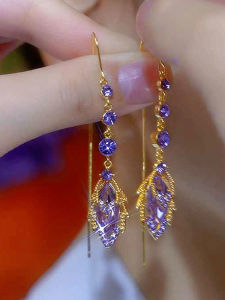 New 2025 Purple East Come Zircon Maple Leaf Ear Wire Long Tassel Versatile Elegance Ear Drop Unique Design Earring Fashion Jewelry
