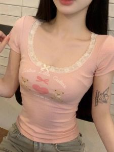Áo Thun Nữ Tay Ngắn Cổ Vuông Pure Desire Lace Trim Butterfly Knot Slim Fit Hot Bé Gái Style Summer Breathable Short Sleeve T-Shirt