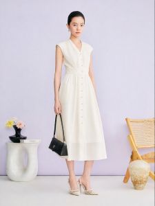 V-Neck Acetic Mixture Fabric Waist-High Cinched Dress