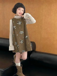 Floral Print Girls Dress Korean Style Spring Autumn Long Skirt Fashionable Child Clothing Soft Fabric round Neckline No Sleeve