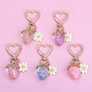 Cute Strawberry White Daisy Keychains Y2k Fruit Kawaii Heart Flower Keyring Backpack Pendants Men women Gift Jewelry Gifts