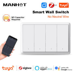 Manhot Tuya ZigBee3.0 Smart Light Switch No Neutral Wire Required US Push Button Wall Switch For Alexa Google Assistant