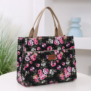 Fashion Floral Print Tote Bag Portable Canvas Lunch Bag Womens Casual Handbag & Bento Mommy Bag For Picnic Travel