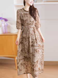 XIAOER | Floral Print Semi Open-Neck 3/4 Sleeve Belted Dress