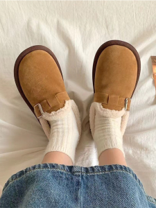 2025 New Women's Birkfoot Casual Slip-On Shoes: Round Head Retro Fleece Lined Anti-Slip Warm Bean Shoes Comfortable Cotton Shoes