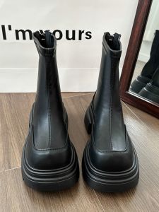 Black Thick Bottom Martin Boots British Style Versatile Chelsea Head Slim Boot Autumn Winter Short Boot Fashionable Youth PU Leather