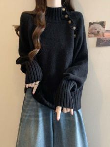 Loose Fit Knitted Sweater Womens Autumn Winter Half High Collar Pullover Soft Warm Wool Blend Long Sleeve Basic Top