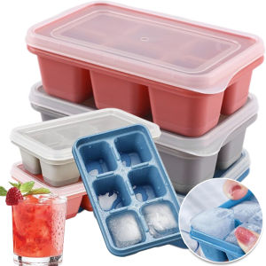 6 Grid Silicone Ice Cube Molds / Square Shaped Ice Cube Tray Mold with Clear Lid / Pink/Blue/Grey Ice Cube Tray / Food Grade Ice Maker Mold / Easy Release Ice Cube Molds for Cold Drink Whiskey