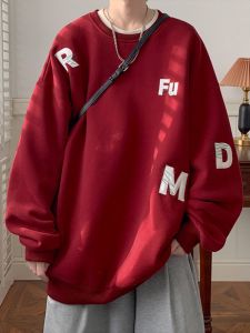 เสื้อฮู้ดคอกลมแขนยาวผ้าคอตตอนผสมสำหรับผู้ชาย ทรงหลวม ปักลายสีแดง สไตล์ฤดูใบไม้ร่วงและฤดูหนาว เสื้อเชิ้ตทรงเข้ารูป