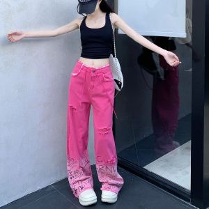 กางเกงยีนส์ทรงหลวมขาตรงสไตล์อเมริกันสำหรับผู้หญิง กางเกงขายาวทรงหลวมเอวสูง ทรงหลวม ฤดูร้อน 2024 กางเกงยีนส์ขาดลายการ์ตูน