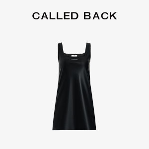 CALLED BACK | Black Sleeveless Square Neck Leather A-line Dress