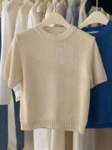 PAIBOLI | Milk Beige Short Sleeve Knit Breathable Elegant Top