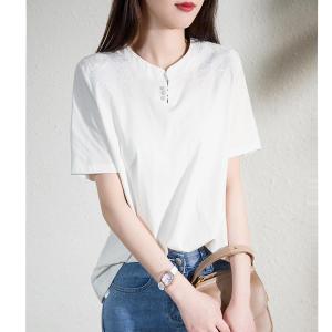 Elegant Embroidered Decorative Casual T-Shirt Womens Fashionable Korean Style Summer New Arrival Hollow out Button Detail Cotton Blend Top
