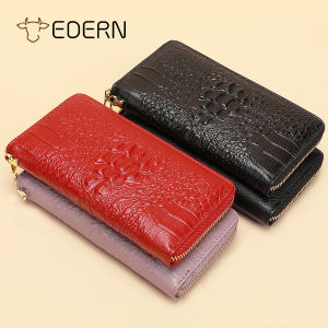 EDERN 2025 New Crocodile Pattern Clutch Bag for Women Retro Fashion Genuine Cow Leather Long Wallet Card Holder Coin Purse Phone Wallet