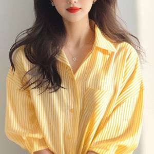 French Design Unique Yellow Stripes Long Sleeve Womens Sun Protection Shirt Summer Fashionable Commute Shirt Straight Cut