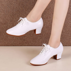 White Genuine Leather Latin Dance Shoes Square Dancing Shoes Soft Bottom Medium Heel Womens Teacher Shoes Social Dancing