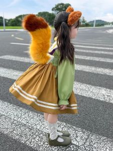 Autumn Winter Princess Dress Childrens Long Sleeve Loli Style Fleece Polka Dot Skirt for Girls Cartoon Animal City Nick Fox Cosplay Costume