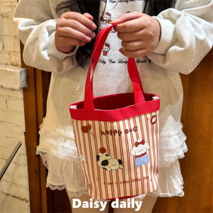 Cute Canvas Bucket Bag Handheld Work Miscellaneous Lunch Box Bag Large Capacity Wrist Strap Womens Bag Casual Cartoon Pattern