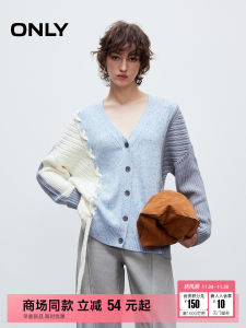 Only2025 Winter New Loose Shoulder V-neck Color Block Splicing Open Cardigan Knitwear Womens Fashion Commute Style Long Sleeve