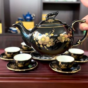 Ấm Chén Bát Tràng Cao Cấp - Ấm Chén Pha Trà - Bộ Bình Trà Mai Vàng Men Đen Bóng