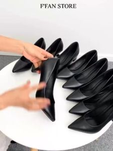 Giày cao gót nữ mũi nhọn đế vuông [DA THẬT] công sở bít mũi màu đen da mềm mại big size FFAN STORE