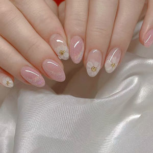 24 PCs Short French Simple Flower Nails with 1 Jelly Gel and 1 Nail File