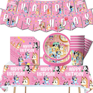 Bluey Pink Theme Anime Paper Cups Plates Banners Bags Napkins Tablecloths Set Bingo Dog Birthday Party Decorations Arrangements