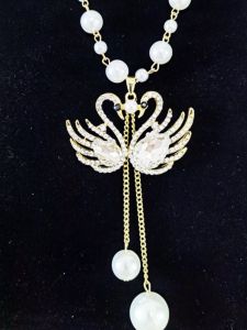 High-End Fashion Crystal Double Swan Tassel Sweater Chain Long Pearl Necklace for Women Korean and Japanese Style Jewelry Accessories