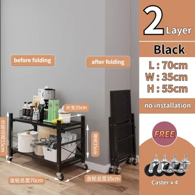 Multilevel folding kitchen storage rack 3/4/5 Folding storage rack with wheels Multifunctional folding storage rack Kitchen floor multilevel storage rack