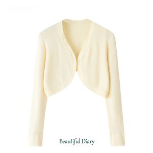 Womens Knitted Cardigan Spring Autumn Thin Open-Shirt Outerwear with Strap Dress Cheongsam Shawl Long Sleeve Short Style