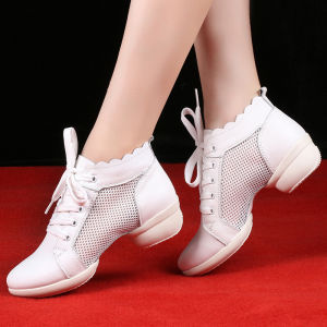Womens White Leather Mesh Dance Shoes Sneakers Heels Lady dance shoes Breathable Lace-up Jazz Shoes for Square Ballroom Fitness