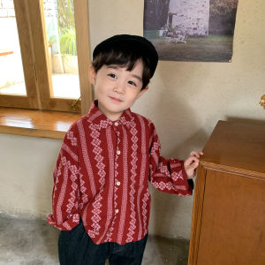 เสื้อเชิ้ตแขนยาวผ้าฝ้ายผสมสำหรับเด็กชาย ฤดูใบไม้ผลิและฤดูใบไม้ร่วง ลายทางแนวตั้ง ผ้าฝ้ายผสมสำหรับเด็กผู้หญิง เสื้อคาร์ดิแกนสไตล์ย้อนยุคสำหรับเด็ก