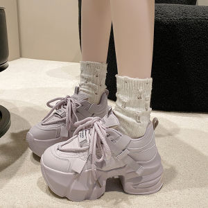 Spring 2024 Genuine Leather Thick Sole Platform Shoes Super High Heel Shoelace Slim Looking Show Feet Small White Shoes Dad Shoes Sneaker Womens Shoes