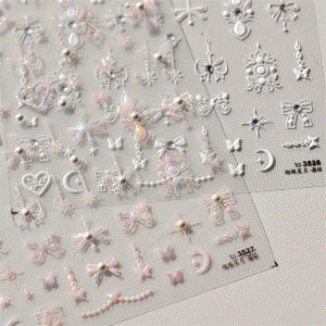 Chic เลเซอร์ Rhinestone Bowknot Star Moon Pearl Totem หัวใจ 3D Self กาวสติ๊กเกอร์เล็บโบฮีเมียผีเสื้อเล็บ 5D Decal