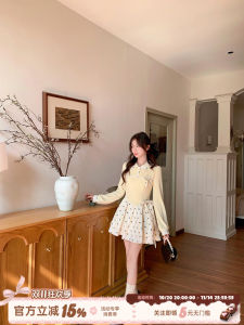 Sweet Style Cheese Heart Print Knitted Short Dress Womens Long Sleeve High Waist Butterfly Knot Design Polyester Viscose Nylon Blend Spring Dress