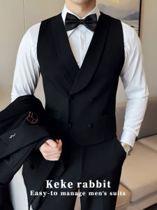 New Chinese Style Mens Black Wedding Suit Vest Set Casual Slim Fit Formal Dinner Party Westerly Vest Business Casual