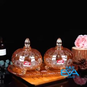 Set 2 Thố Mứt Kèm Dĩa Thuỷ Tinh Pha Lê Ánh Vàng Delisoga 3 Chân Hoa Hướng Dương Nổi Phong Cách Royal Sang Trọng / Bộ 2 Thố Mứt Tết Kèm Đĩa Màu Vàng Cao Cấp TG1074A/L3HA