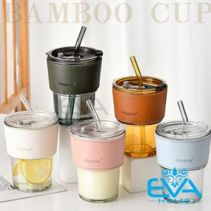 Ly Thuỷ Tinh Gorgous Bọc Da Cách Nhiệt 450Ml Có Nắp Đậy Kín Hơi Tặng Kèm Ống Hút Thuỷ Tinh Cao Cấp