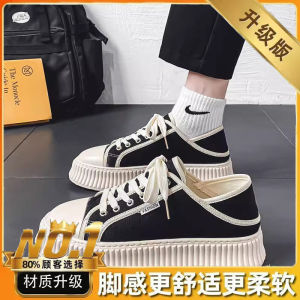 Mens Canvas Shoes Summer Breathable Slip-On Thick Bottom Slip-Resistant Casual Low Top Sneakers Korean Style Flat Heel