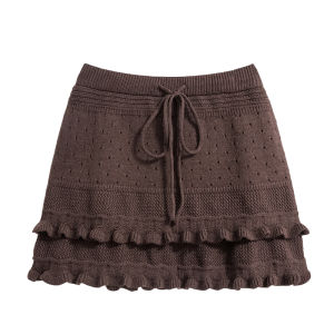 SHIMANQING | Melan Brown Wooden Ear Edge Knit A-Line Skirt