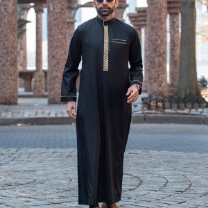 Islamic Muslim Arabic Mens Long Sleeve Robe Embroidered Stand Collar Arabian Thobe Traditional Clothing for Men