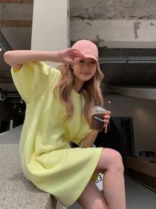 Summer Casual Cotton round Neck Dress Womens plus Size Korean Style Short Sleeve Midi Dress Comfortable Breathable Dress