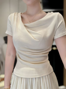 เสื้อยืดคอวีสไตล์วินเทจฝรั่งเศสไซส์ใหญ่สำหรับผู้หญิงในฤดูร้อน เสื้อแขนสั้นเอวสูงกระชับสัดส่วนสไตล์ลำลอง