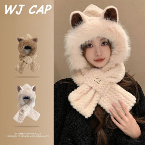 【WJ】Autumn and winter season hats cute winter plush scarves thickened one-piece scarves plush winter warm ear protection hats
